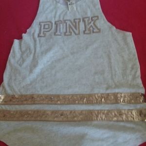 PINK TANK TOP.  GREY AND GOLD BLING.